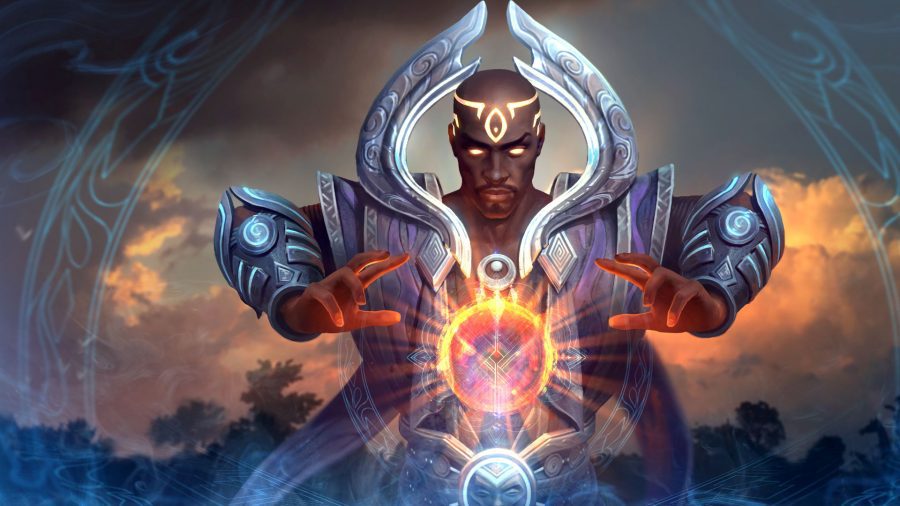 Deus iorubá e personagem Smite Olorun usando poderes mágicos para manifestar uma bola de energia laranja