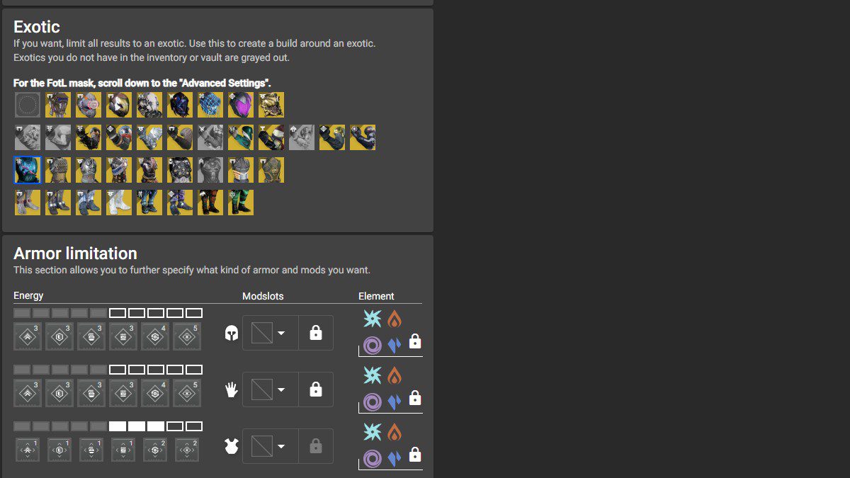 Seção de seleção exótica do Destiny 2 Armor Picker. 
