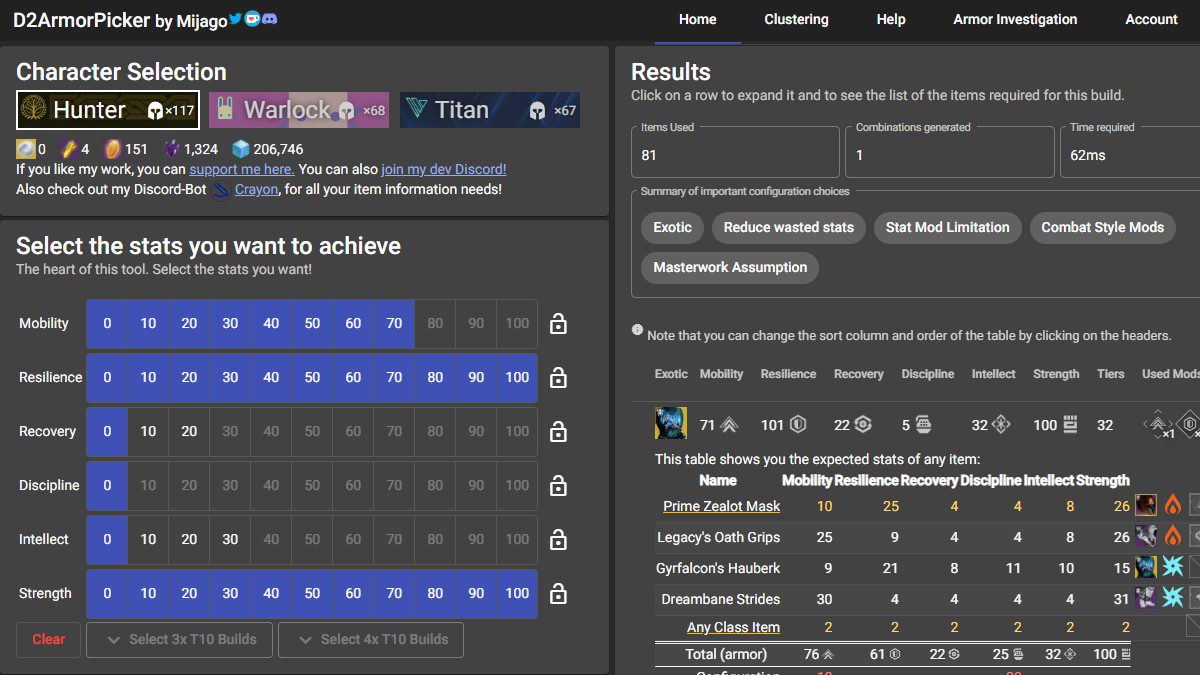 Ferramenta de seleção de estatísticas do Destiny 2 Armor Picker. 