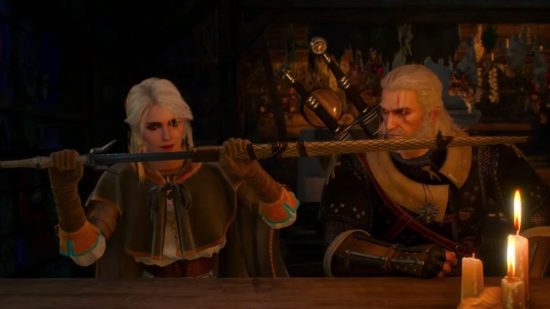 Os finais de witcher 3 - Ciri desembainhando sua espada sentada ao lado de Geralt