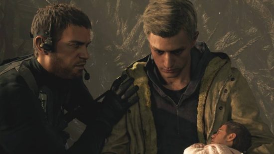 Resident Evil Ethan: Ethan Winters e Chris Redfield olham para um bebê pequeno