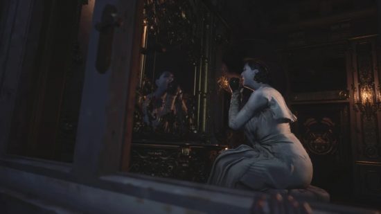 Lady Dimitrescu de Resident Evil sentou-se em uma cômoda aplicando batom