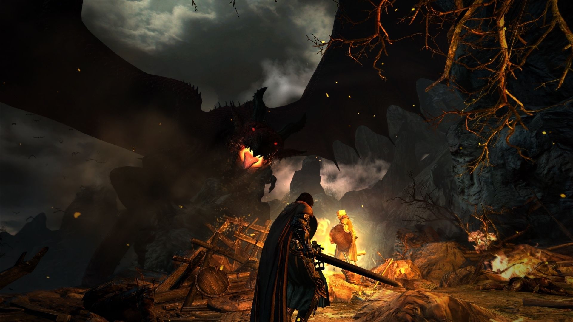Um personagem de Dragon's Dogma enfrentando um dragão na escuridão.
