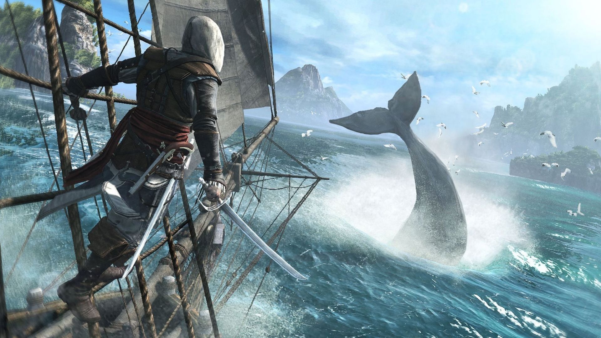 O personagem principal de Assassin's Creed 4 Black Flag, pendurado nas cordas de um navio com a espada desembainhada, observando uma baleia mergulhando na água.
