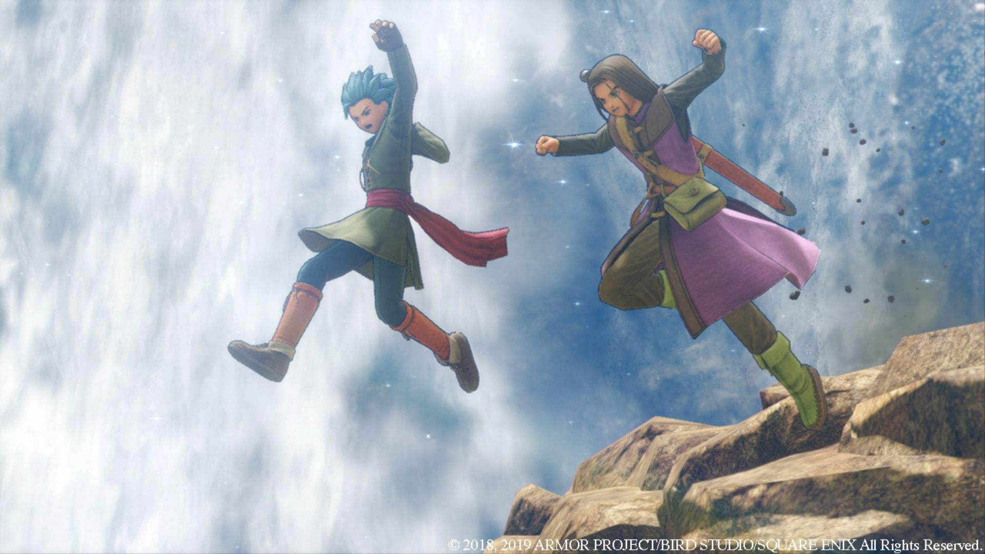 Dois personagens de Dragon Quest XI pulando de um penhasco.