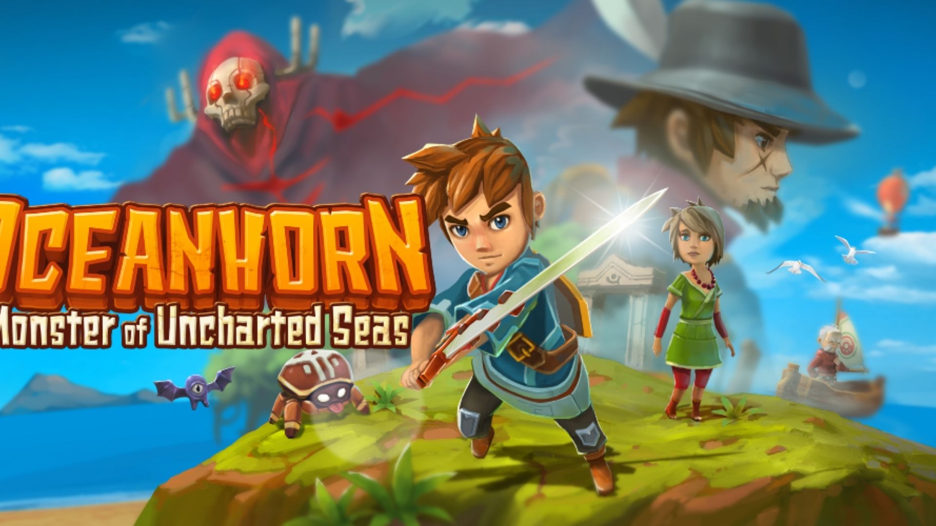 Arte do jogo Oceanhorn mostrando o personagem principal empunhando sua espada com vários personagens ao fundo.