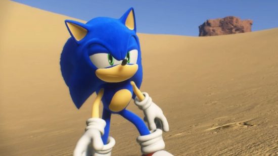 Captura de tela de Sonic parecendo cansado no deserto para revisão de Sonic Frontiers