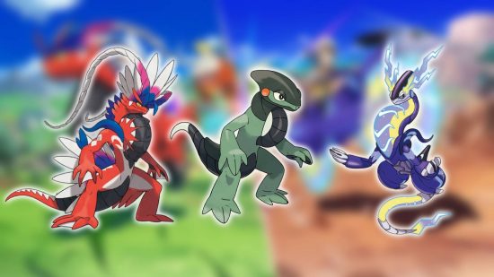 Pokemon Scarlet Violet formas passadas e futuras: arte chave de Pokemon Scarlet e Violet mostra Cyclizar, Koraidon e Miraidon