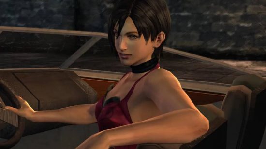 Resident Evil Ada Wong: Uma captura de tela de um jogo Resident Evil mostra o personagem asiático-americano Ada Wong, em um top vermelho distinto e explorando áreas escuras cheias de criaturas zumbis