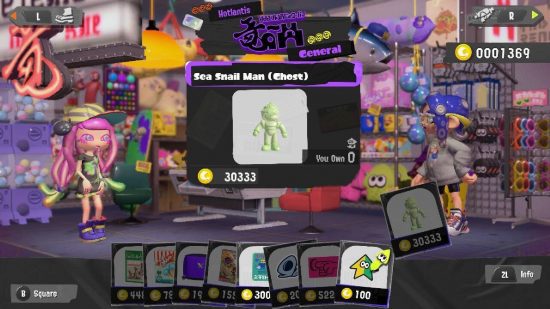 Armários de Splatoon 3: uma captura de tela de Splatoon 3 mostra uma série de itens à venda, cada um deles uma decoração para um armário