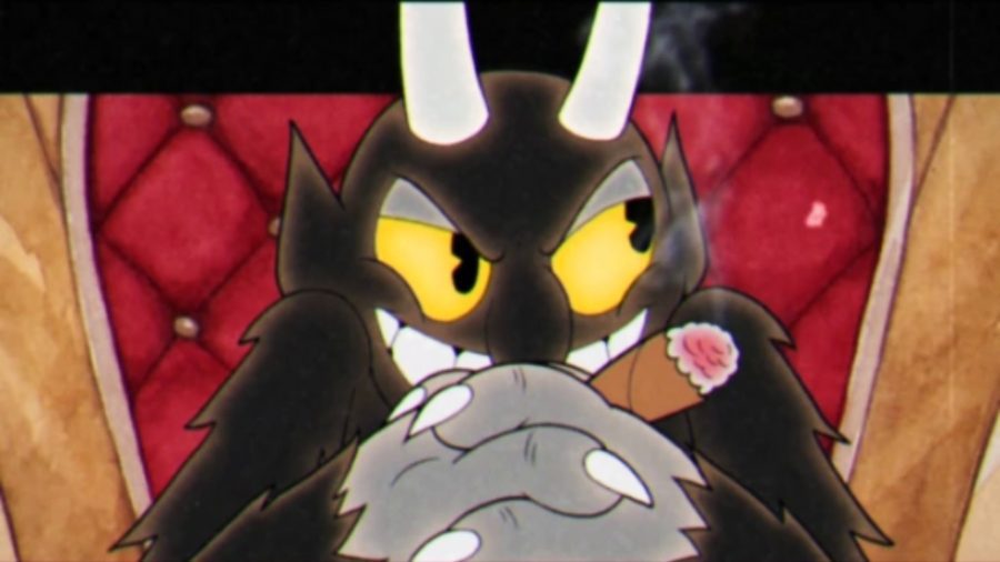 Cuphead Devil com um charuto na boca sentado em sua cadeira com as mãos juntas