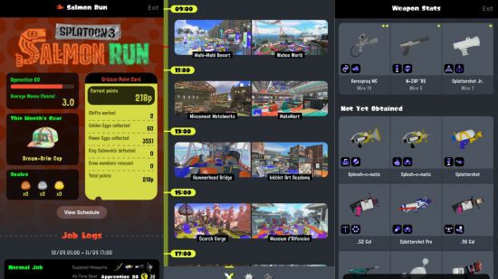 Várias capturas de tela do aplicativo Splatoon 3, mostrando a programação das batalhas, as informações sobre a corrida do salmão e várias armas.