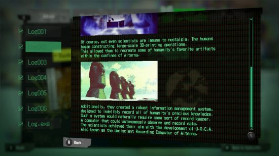 Texto de um Splatoon 3 Alterna Log ao lado de uma foto de cabeças de ilha de páscoa.