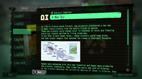 Texto de um Splatoon 3 Alterna Log ao lado de uma imagem da anatomia de uma lula