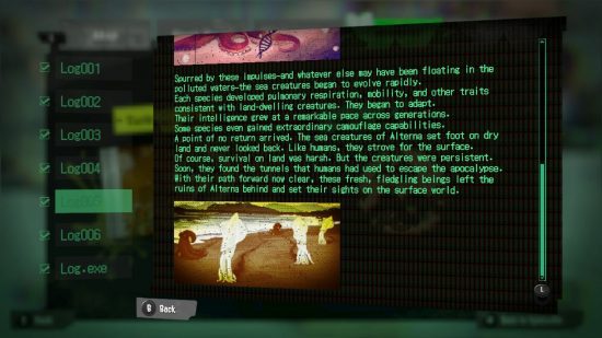 Texto de um Splatoon 3 Alterna Log ao lado de uma foto de estranhas criaturas marinhas em terra