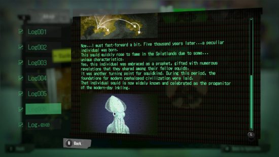 Texto de um Splatoon 3 Alterna Log ao lado de uma foto de uma lula humanóide