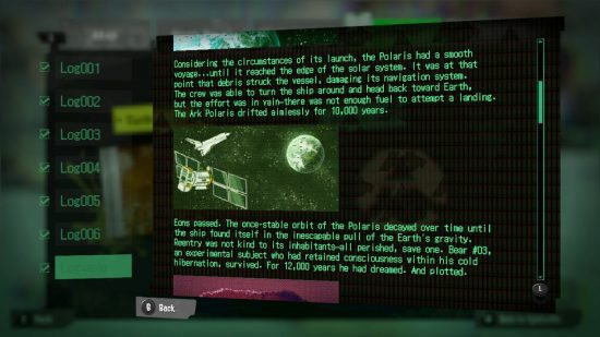 Texto de um Splatoon 3 Alterna Log, ao lado de uma foto de um foguete indo em direção a um planeta