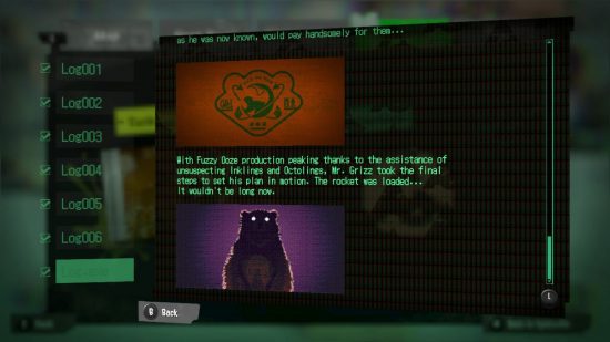 Texto de um Splatoon 3 Alterna Log, ao lado de uma foto de um urso.