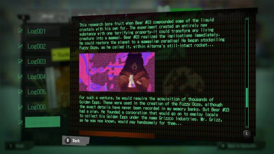 Texto de um Splatoon 3 Alterna Log, ao lado de uma foto de um urso