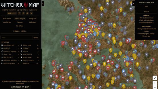 Um mapa de The Witcher 3 mostrando milhares de ícones espalhados por terra e mar com uma legenda à esquerda e categorias à direita.