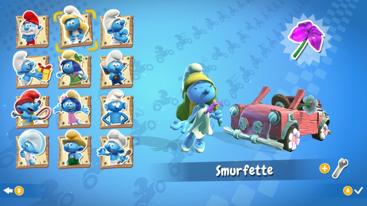 Tela de seleção de personagens do Smurfs Kart