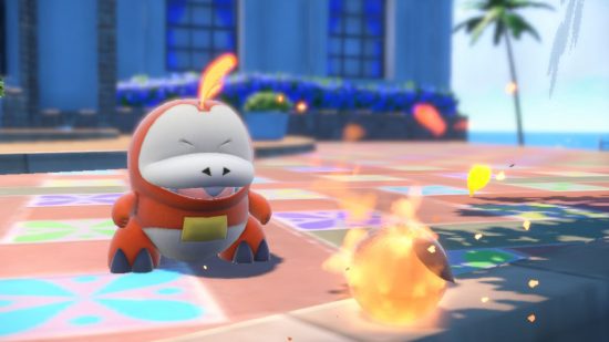 Captura de tela do inicializa dor Pokémon Scarlet e Violet Fuecoco iniciando um incêndio