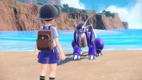Revisão de Pokémon Scarlet e Violet - Miraidon e o treinador na praia