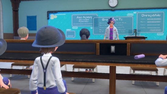Aulas Pokémon Scarlet e Violet: um professor fica na frente de um grupo de alunos 