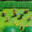 Link plays on an instrument in a grassy field