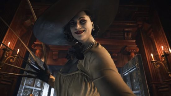 Personagens de Resident Evil Village - Lady Dimitrescu sorrindo pronta para atacar com suas garras