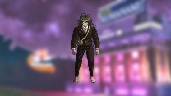 Personagens Danganronpa V3: um homem descalço com cabelos castanhos rebeldes sobre os ombros e um terno todo marrom e gravata amarela.  Seus punhos estão cerrados.
