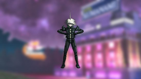 Personagens de Danganronpa V3: um garoto robô com uma mecha de cabelo loiro apontando para o céu, o resto bagunçado e espetado, mãos sob as axilas, cotovelos para fora como uma galinha, em um macacão futurista todo preto.