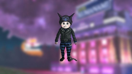 Personagens de Danganronpa V3: um garotinho com chapéu e calça de jaqueta de couro preto e uma pequena corrente em volta do tornozelo direito.  Ele está fumando um cigarro.  Seus olhos não têm brancos.