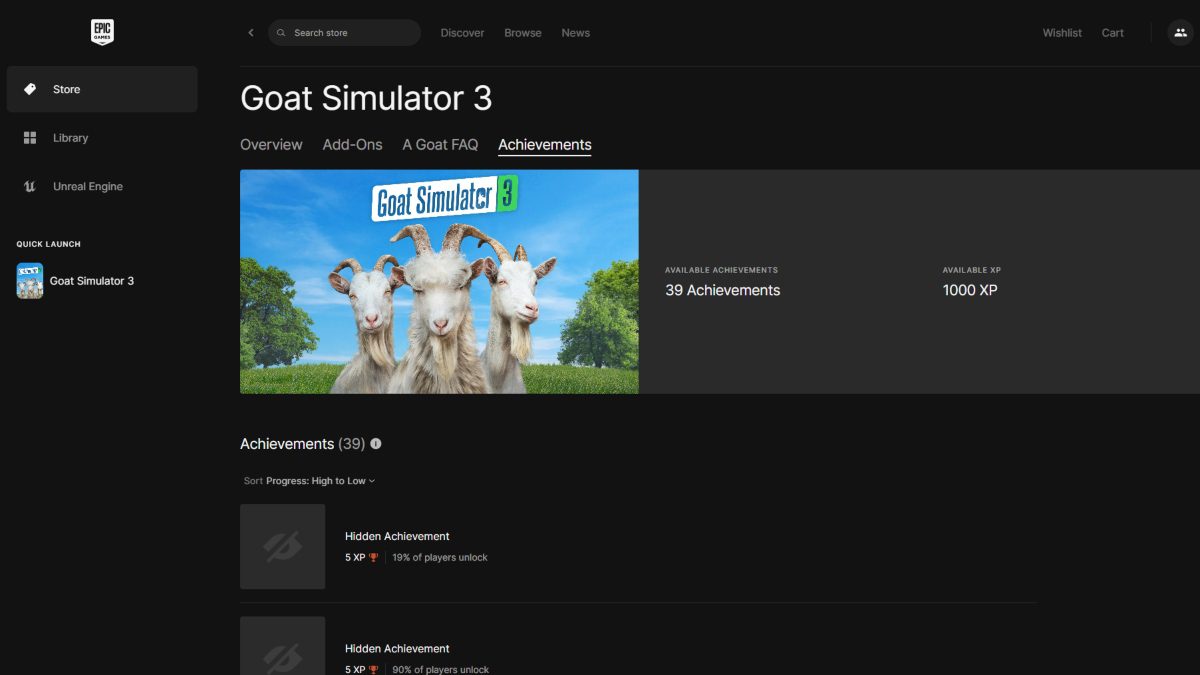 Página de conquistas de jogos épicos Goat Simulator 3