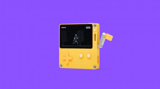 One of the best portable gaming consoles, the Playdate. A small, square device in yellow, with a couple of buttons on the front, a black screen above, and a crank on the side.