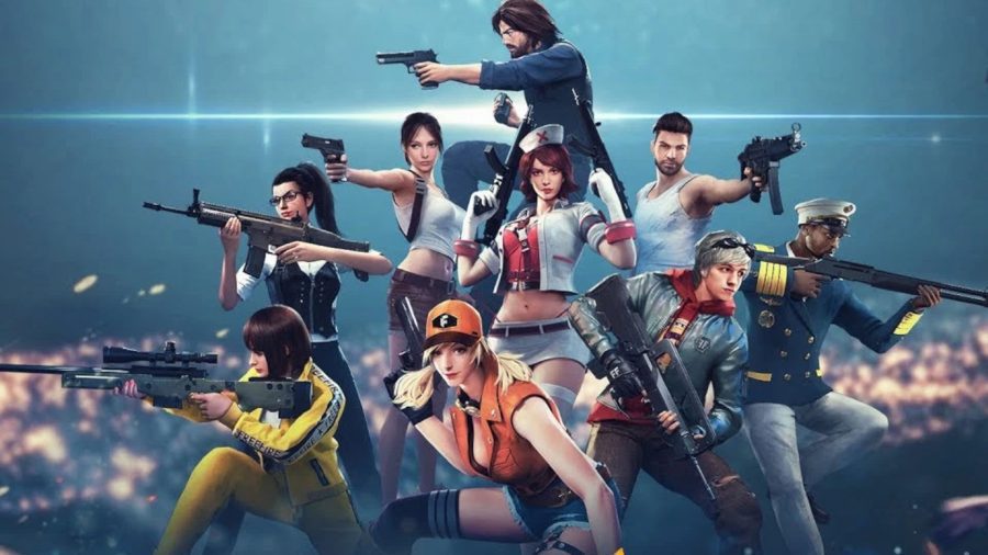 Códigos de resgate do Free Fire hoje - um grupo de personagens do Free Fire com suas armas em punho