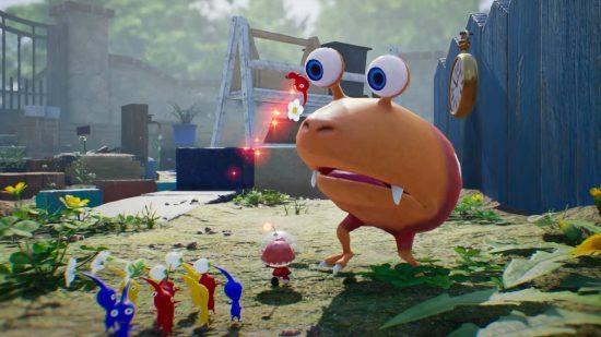 Novos jogos Switch: uma captura de tela do Pimin 4 mostra Olimar e vários Pikmin se aproximando de um Bulborb no que parece ser um playground