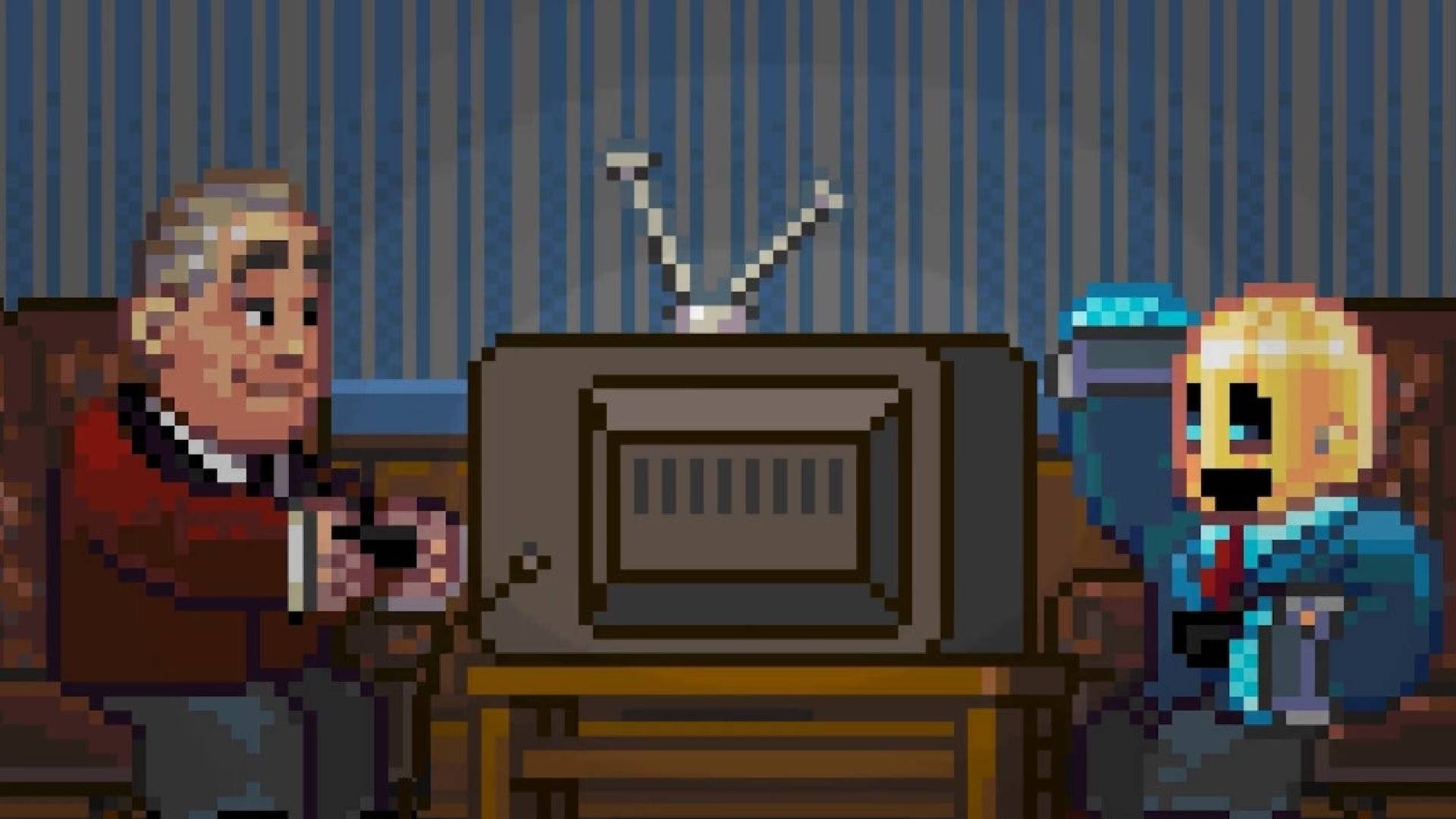 Jogos engraçados: Uma cena pixelada mostra um robô usando uma cartola sentado com um homem de roupão, jogando videogames