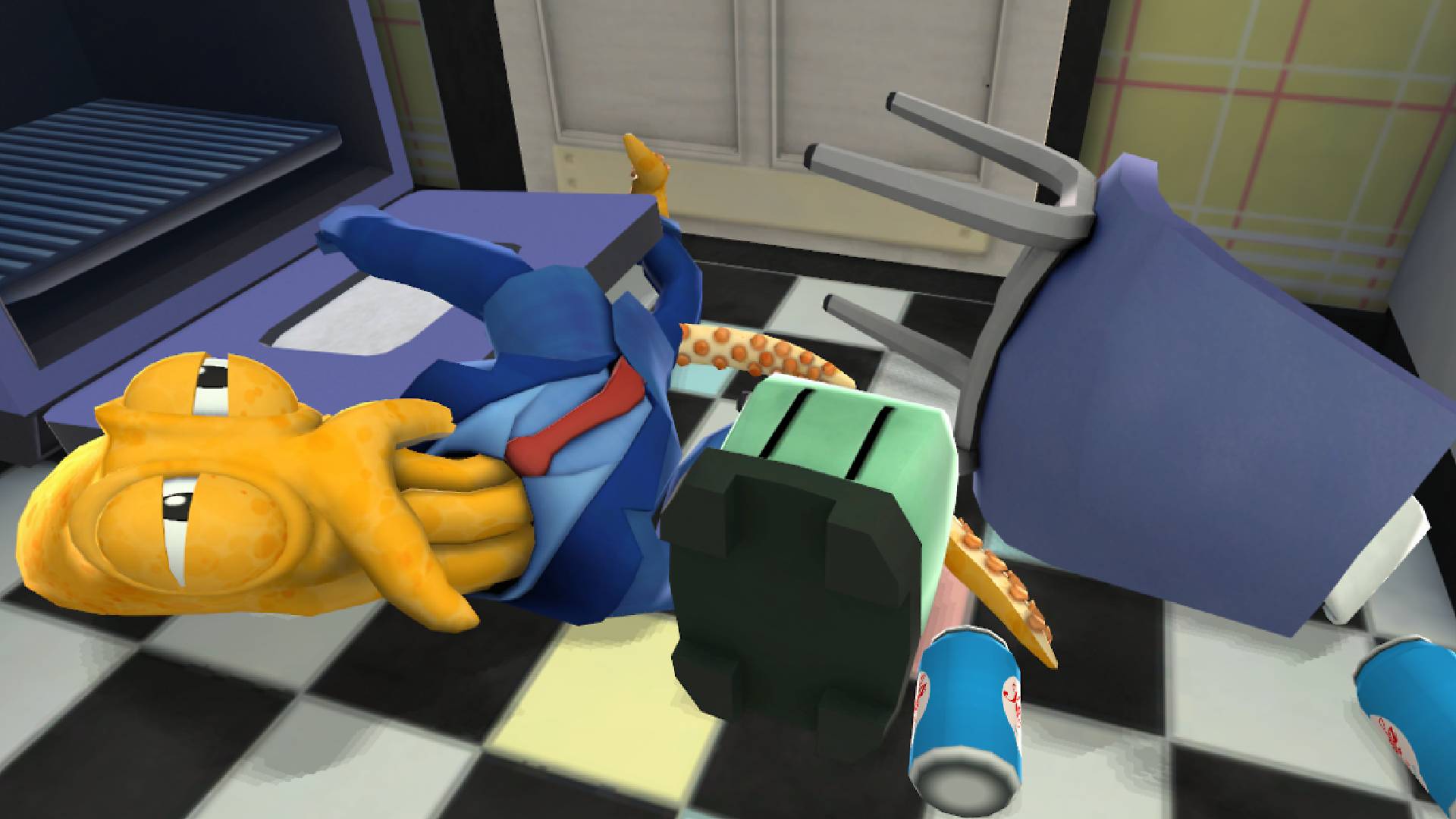 Jogos engraçados: um polvo de terno está deitado em uma pilha de lixo, lutando para se levantar