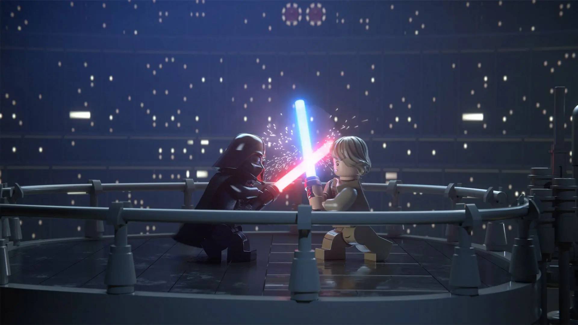 Jogos engraçados: uma cena mostra uma versão Lego do deul sabre de luz de Luke e Darth Vader de The Empire Strikes Back