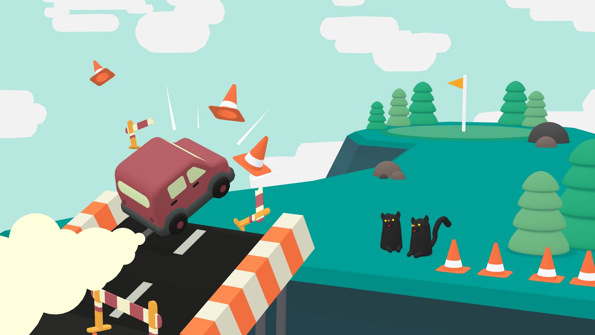 Jogos engraçados: um carro se lança de uma rampa para o ar, quebrando cones e evitando gatos por pouco 