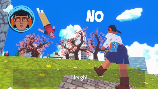 Jogos engraçados: uma cena poligonal do jogo Say No!  Mais mostra uma mulher gritando não para alguém, enviando-os para o céu