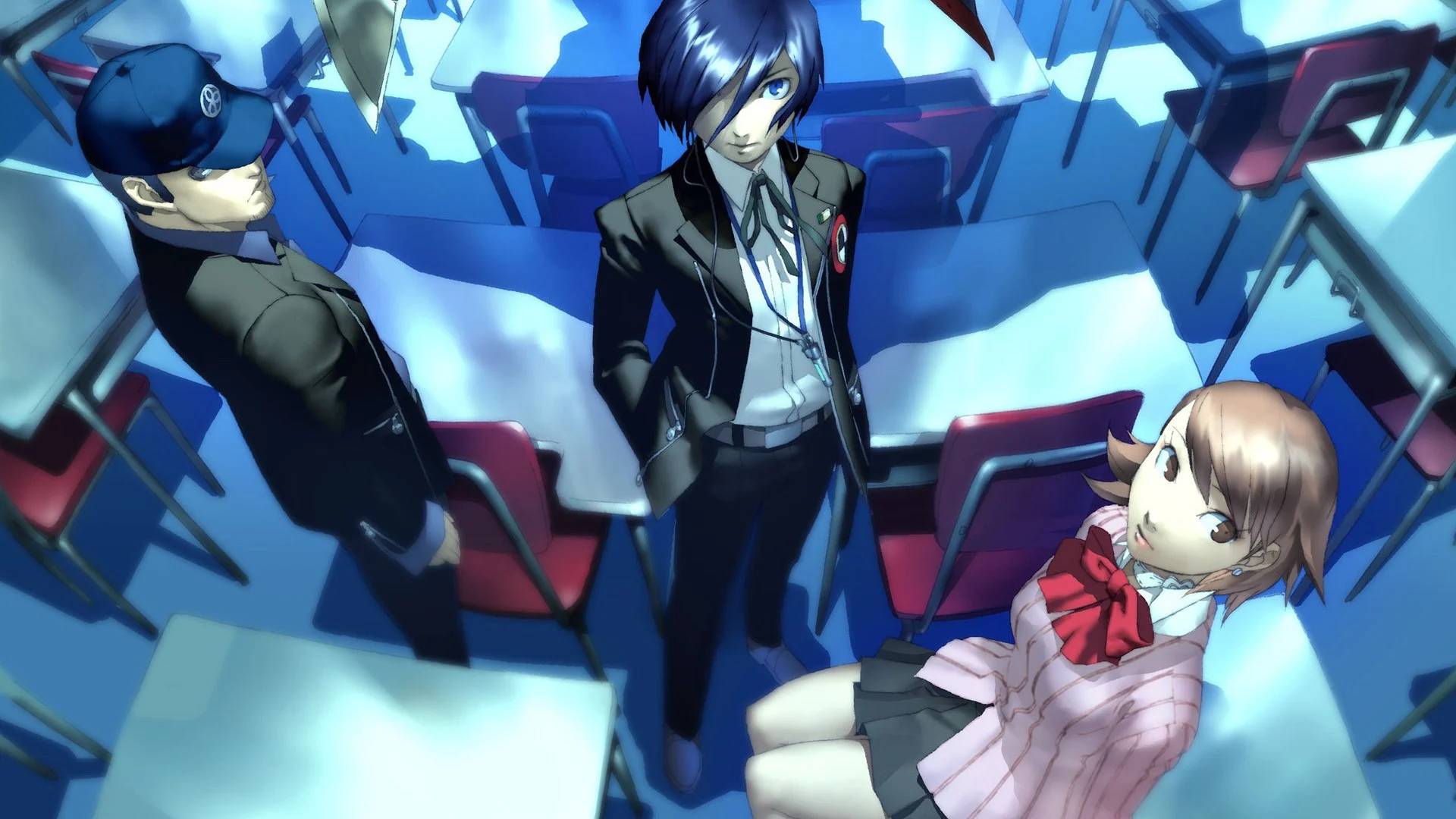 Persona 3 protagonista: Uma imagem mostra o protagonista de Persona 3, um adolescente de cabelo azul em uma roupa escolar