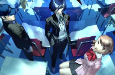 Persona 3 protagonist: An image shows the protagonist of Persona 3, a blue-haired teenager in a school outfit