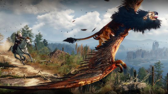 The Witcher 3 wallpaper mostrando Geralt perseguindo um monstro a cavalo