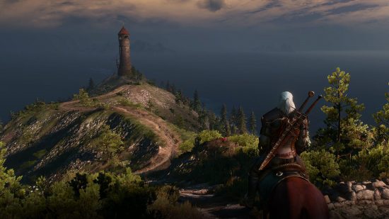 The Witcher 3 papel de parede Geralt a cavalo com vista para uma bela paisagem com uma torre ao longe