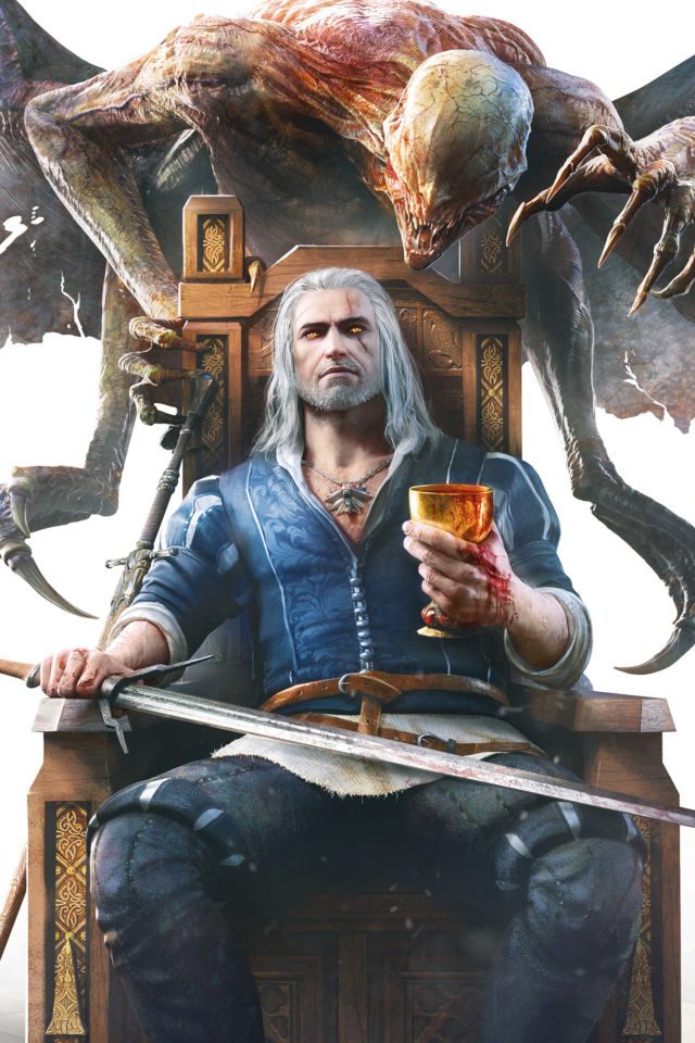 The Witcher 3 wallpaper Geralt sentado em um trono segurando uma espada e uma taça de vinho, com um demônio atrás dele