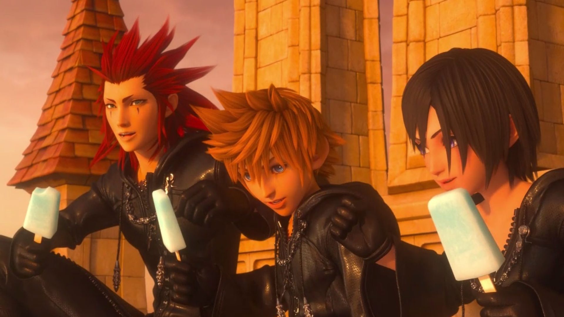 Axel, Roxas, and Xion from Kingdom Hearts 358/2 Days eating ice cream