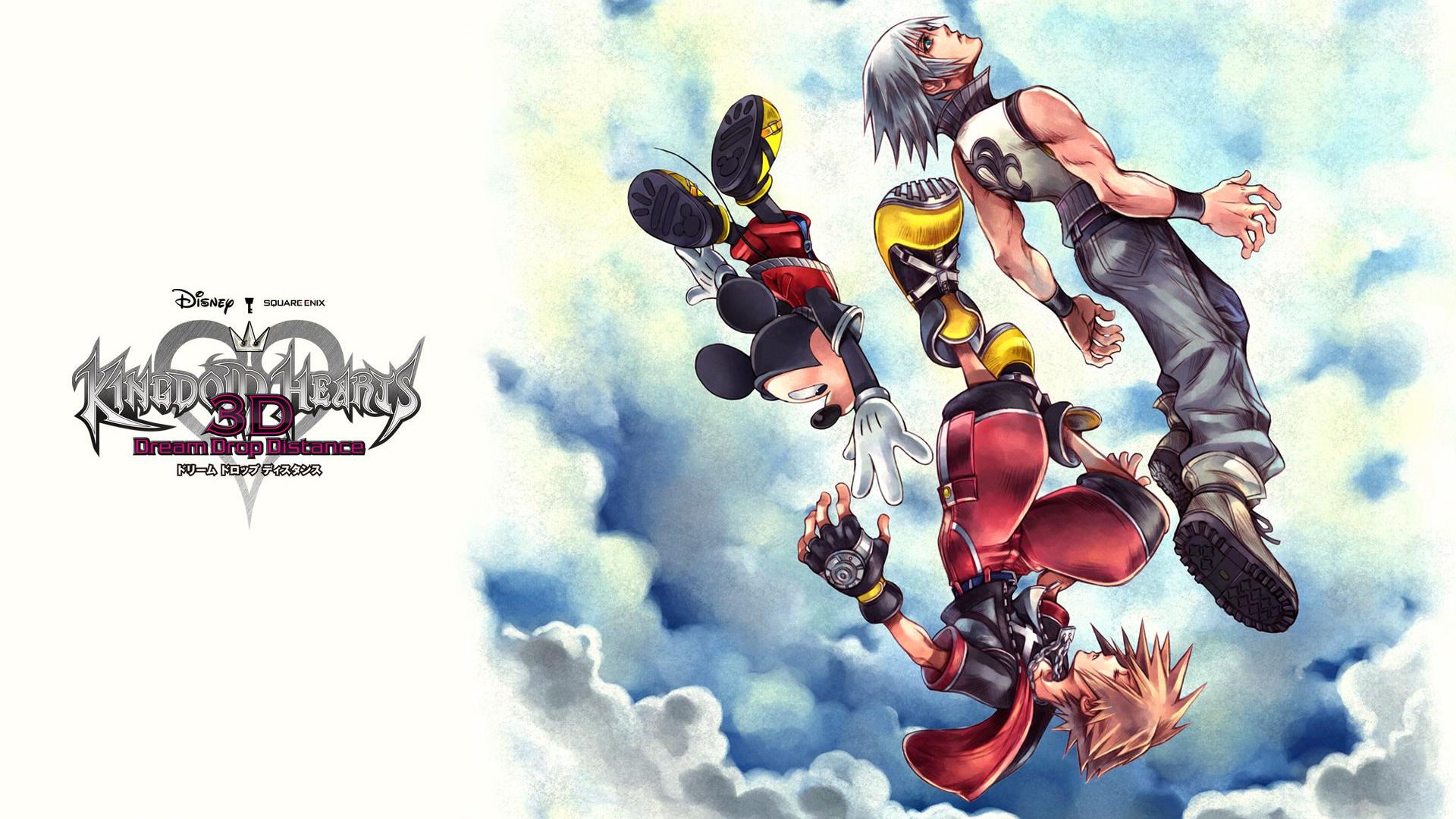 Kingdom Hearts Dream Drop Distance splash art showing Sora, Riku, and Mickey falling