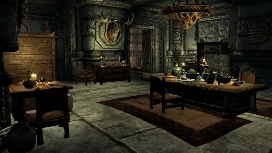 Casas Skyrim - o interior da sala de jantar do Vlindrel Hall